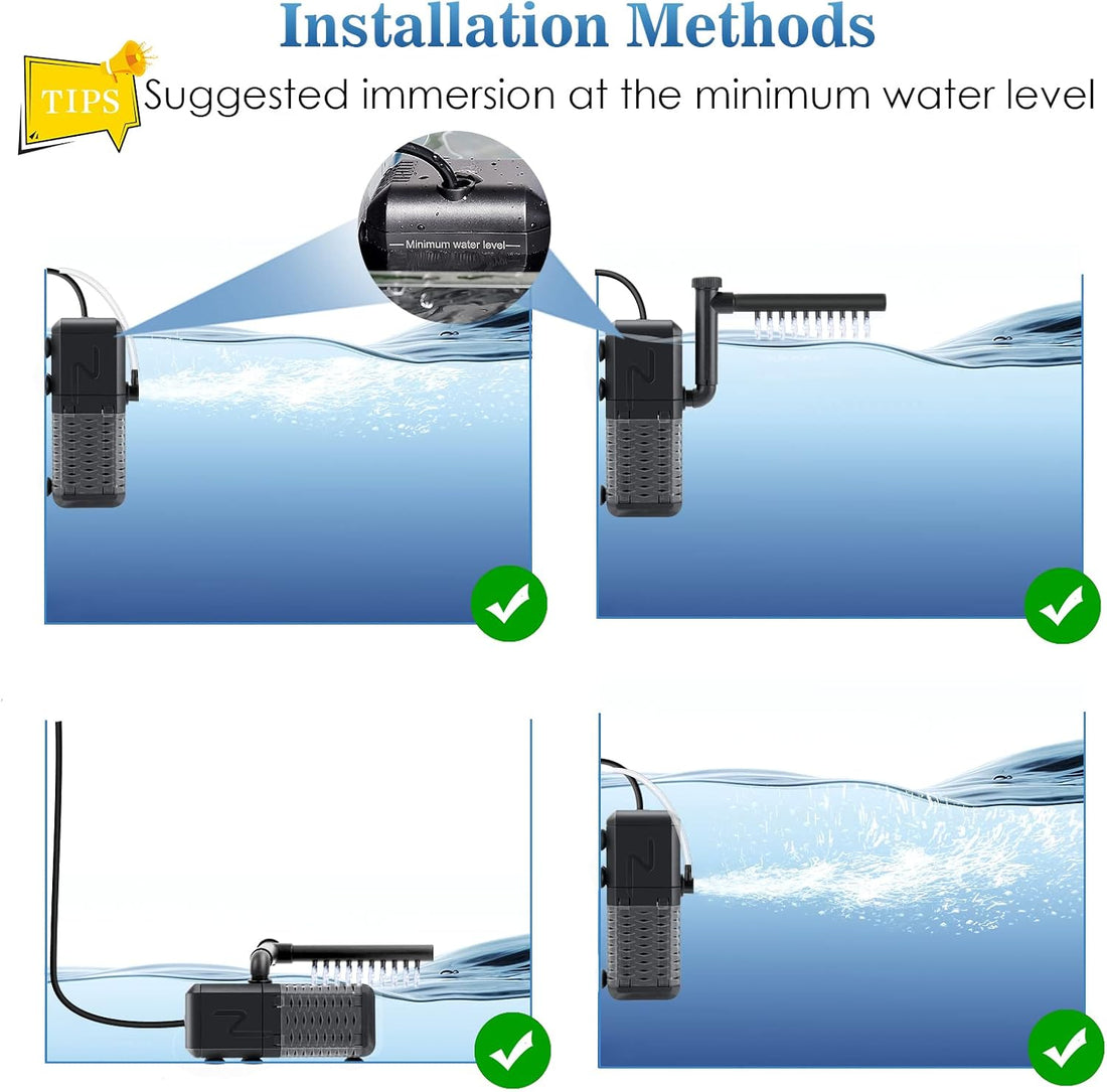 AQQA Submersible Aquarium Filter, Adjustable Flow with Aeration System