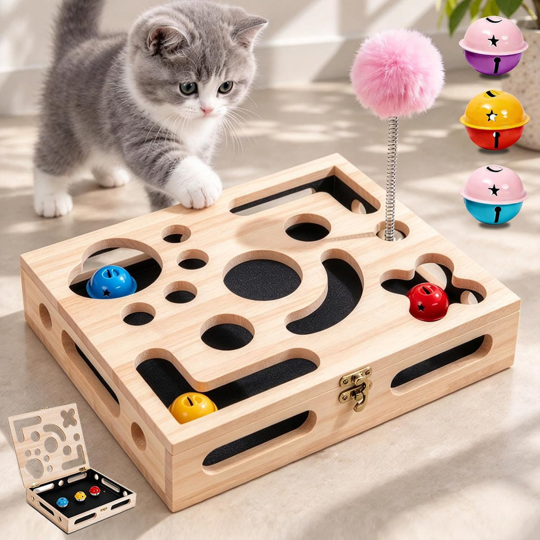 Cat Nail File Enrichment Box, Wood Puzzle Scratcher Toy with Sandpaper