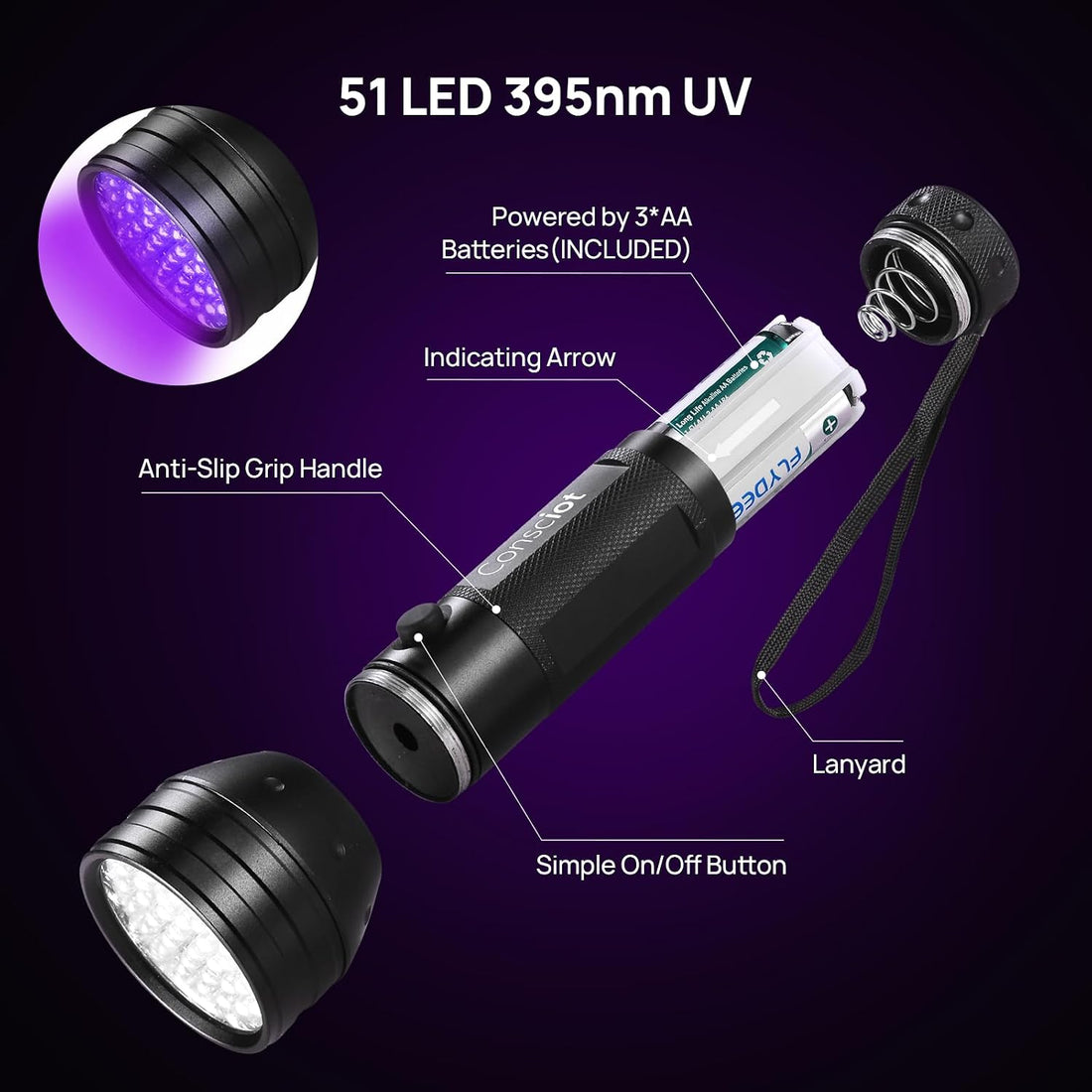 UV Flashlight Black Light, Consciot 51 LED 395nm Ultraviolet