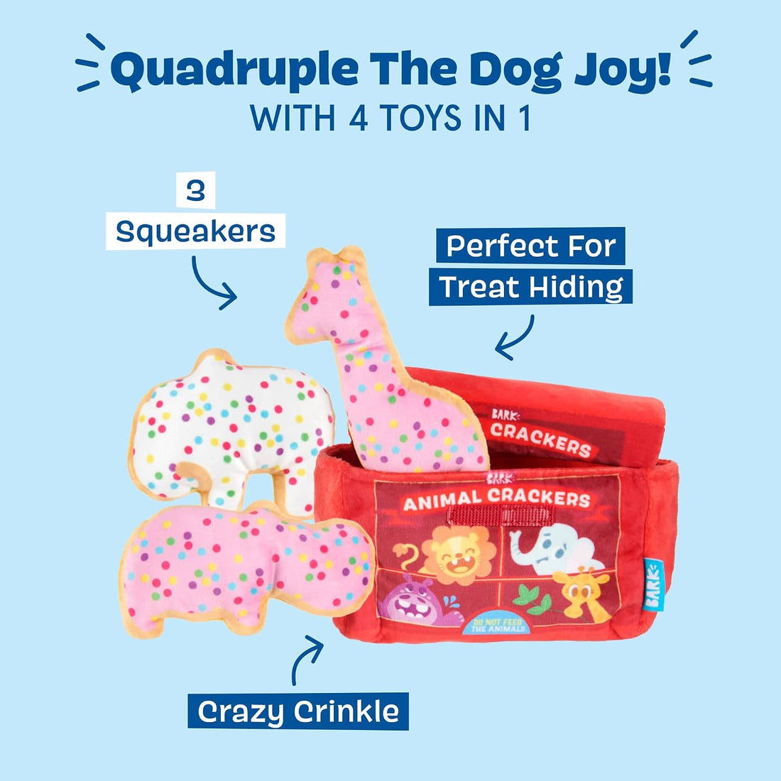BarkBox Animal Squeakers 4-in-1 Interactive Plush Dog Toy