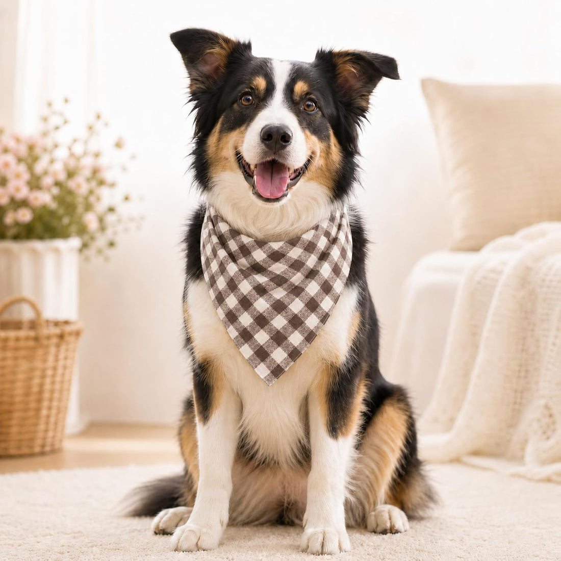 Khaki Plaid Dog Bandana 1 Pack, Fits Neck Up to 18"