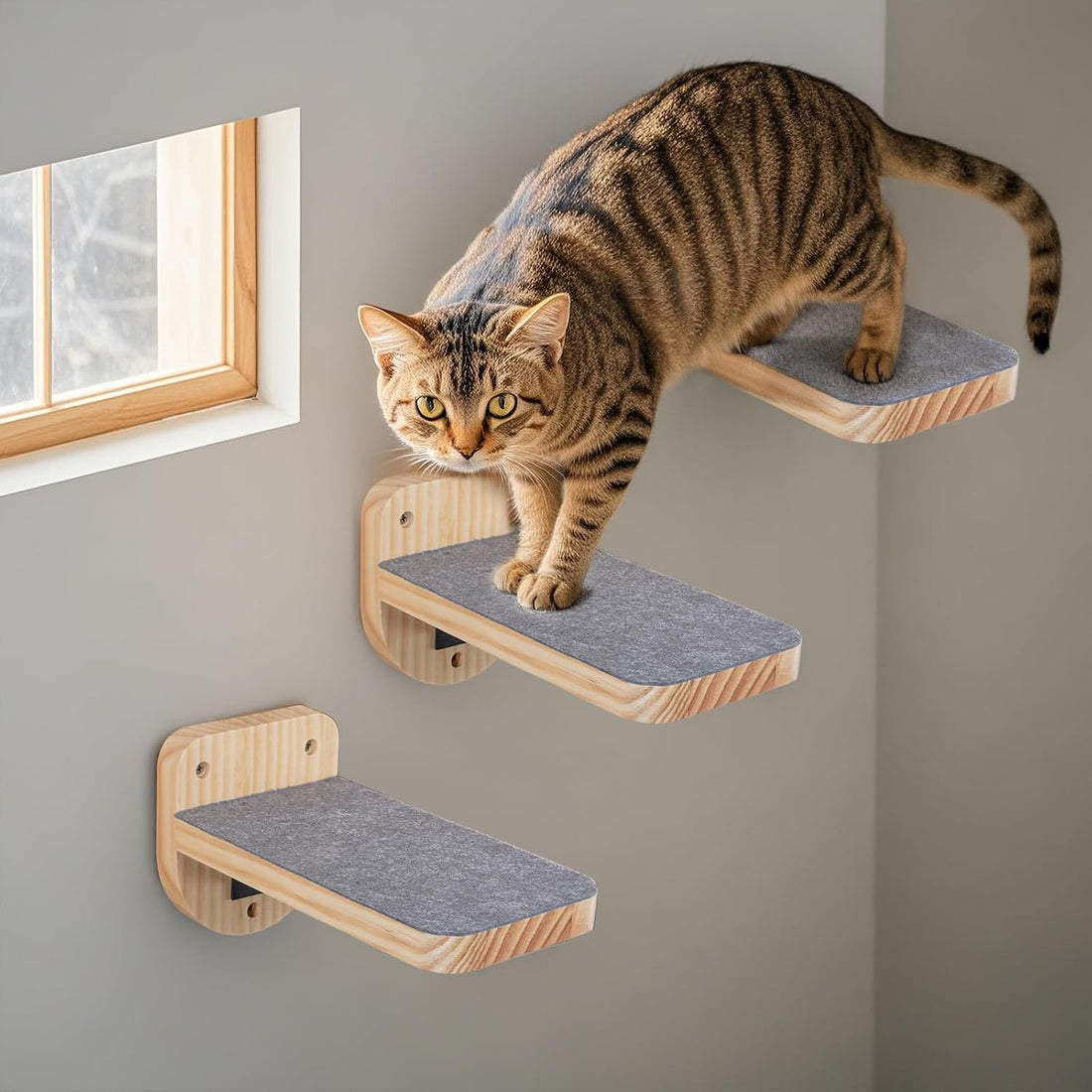 ESPETS Set of 3 Natural Wood Cat Wall Steps Floating Ladder Stairs