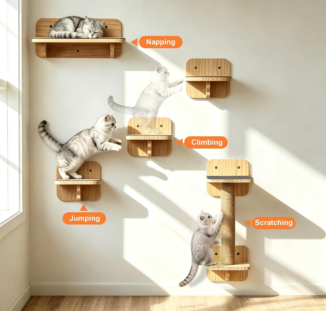 Cat Wall Shelves, Wood Cat Wall Furniture with Scratching Post