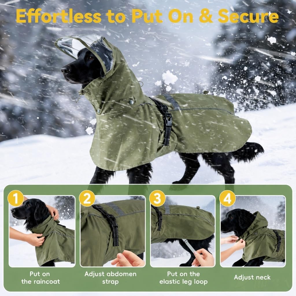 RYNVALE Dog Rain Coats for Large Dogs with Removable Hood
