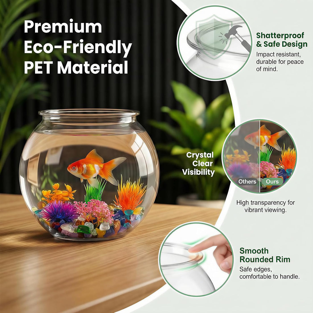 1 Gallon Clear Plastic Fish Bowl Set with 5 Artificial Plants