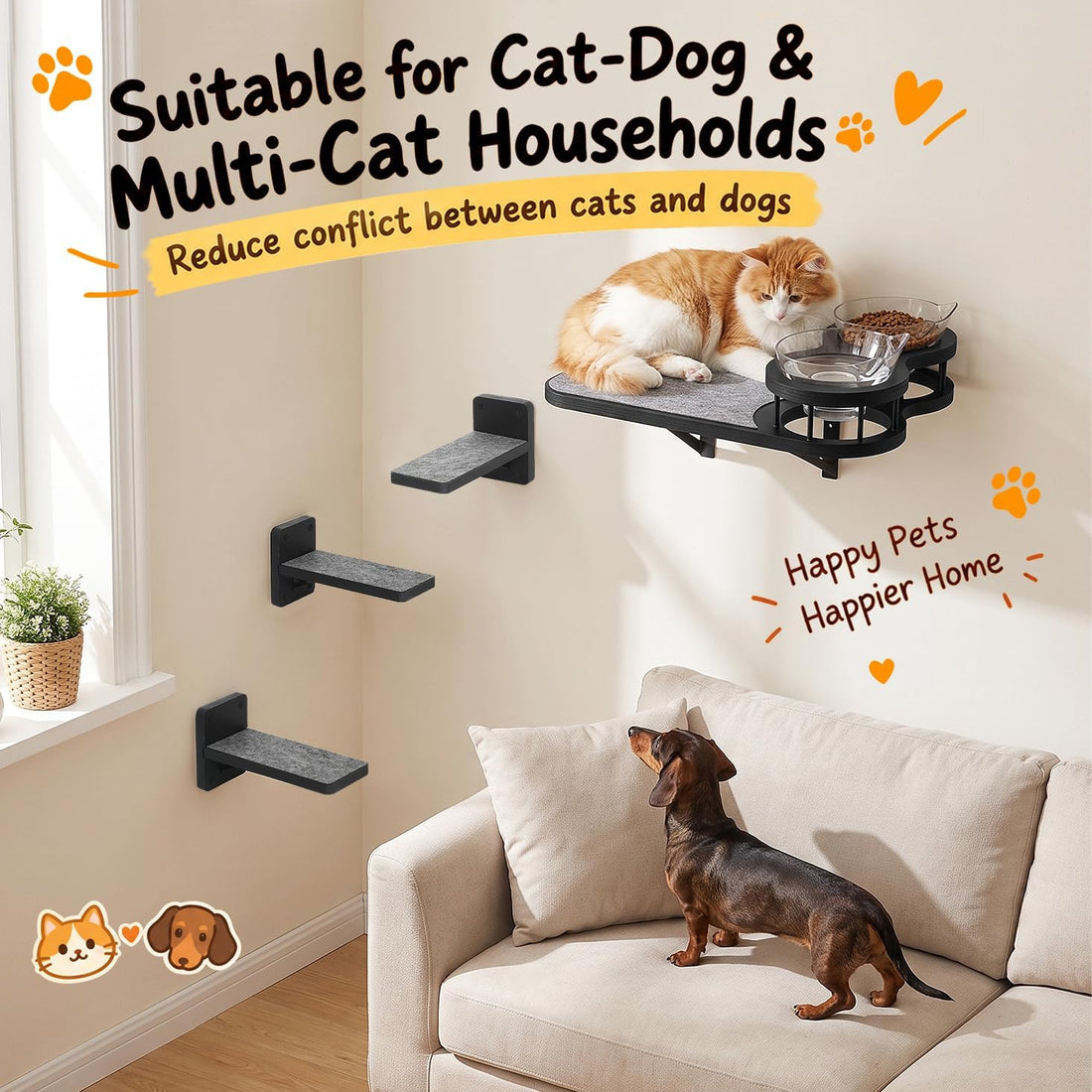 Cat Wall Shelves Furniture Set with 2 Food Bowls