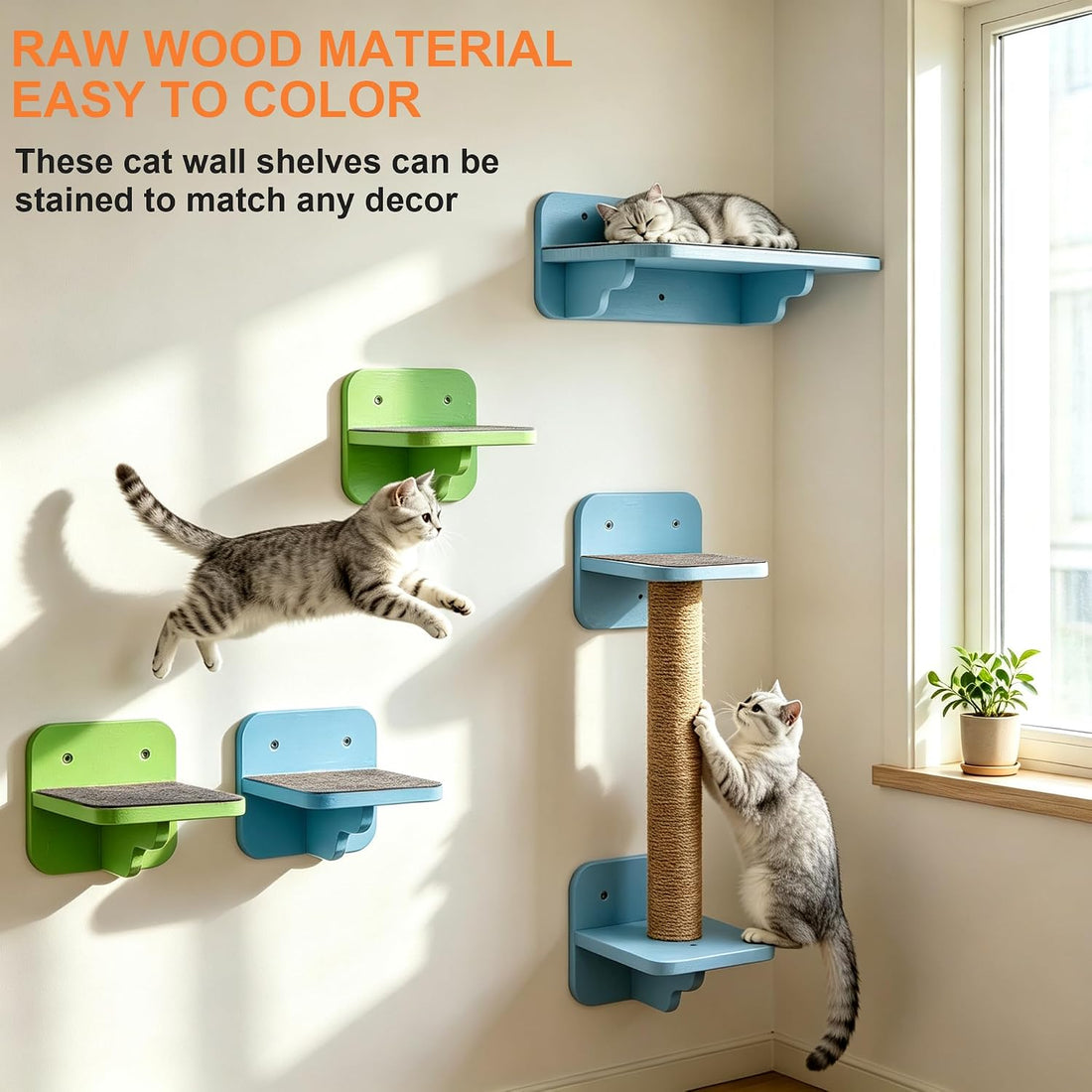 Cat Wall Shelves, Wood Cat Wall Furniture with Scratching Post