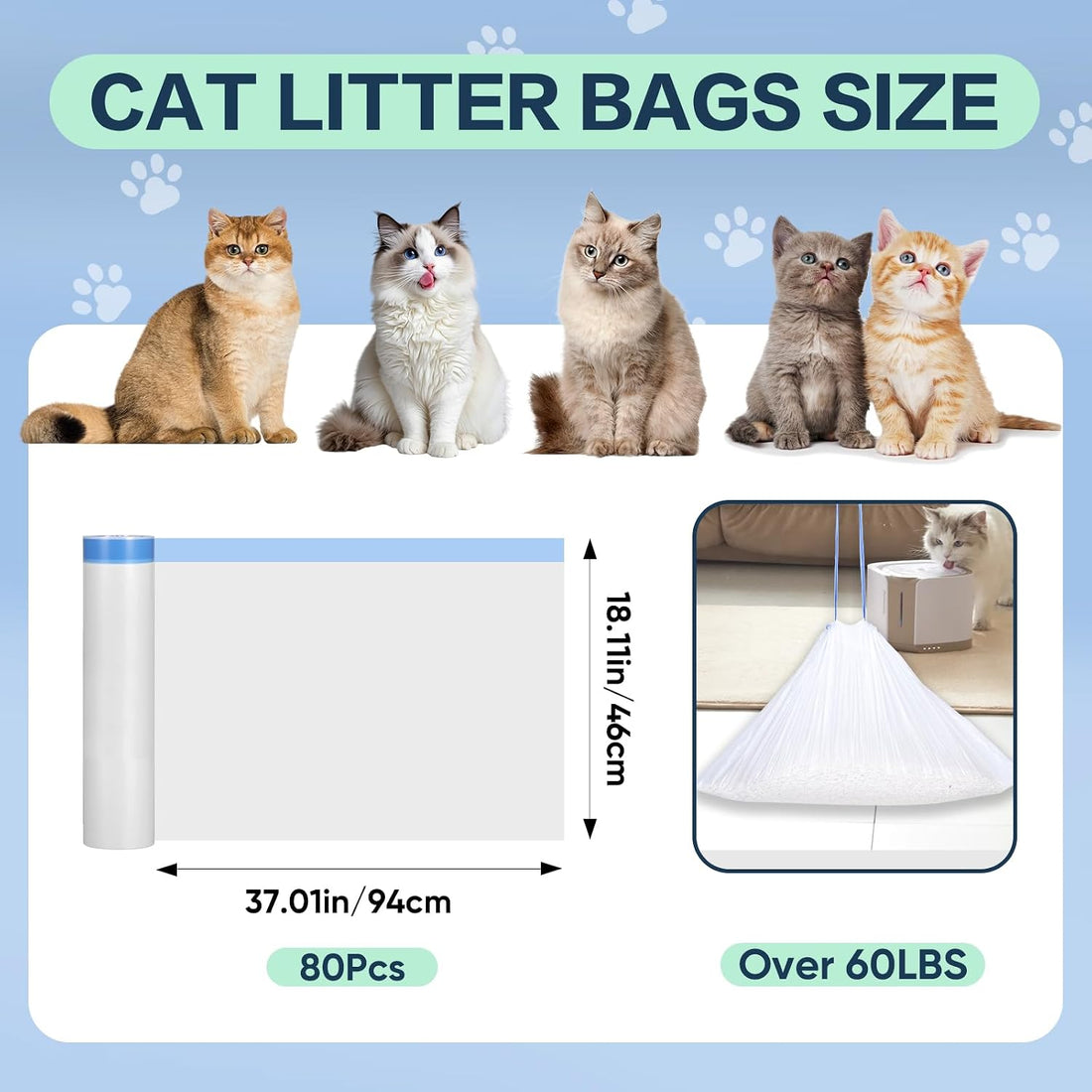 80 Count Jumbo Cat Litter Box Liners, 37" x 18.11"