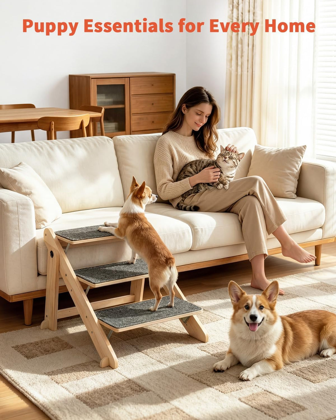 Woodure Foldable Dog Stairs, Convertible 3-Step Wooden Dog Ramp