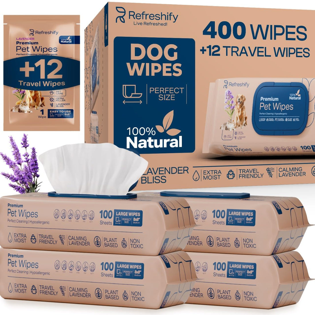 REFRESHIFY Dog Wipes for Paws and Butt - Plant Based Lavender Scented