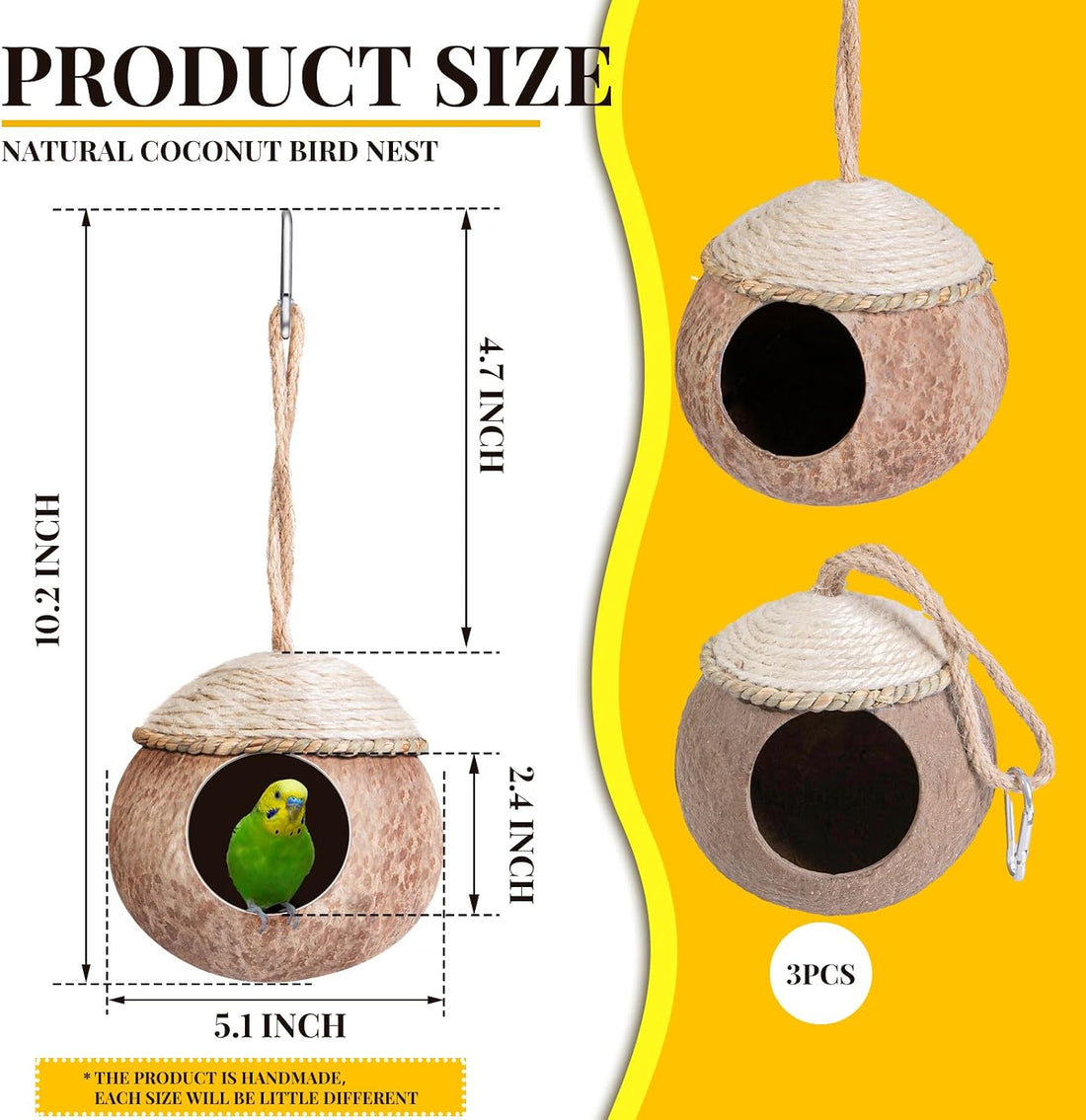 Suzile 3 Pcs Natural Coconut Bird Nest for Cage Hanging Birds House