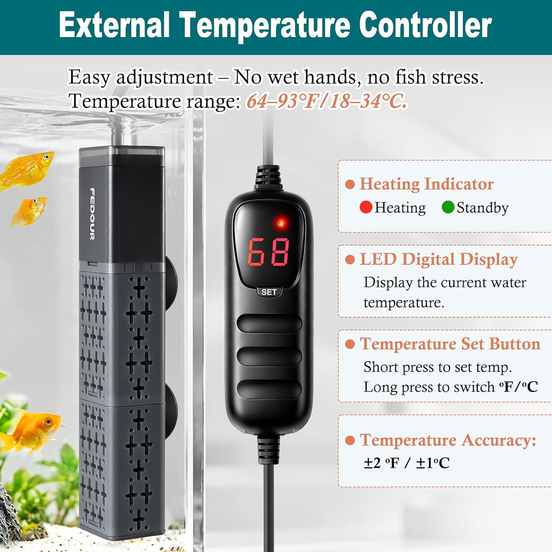 FEDOUR 25W/50W/100W/300W/500W Aquarium Heater for 1-130 Gallon Tanks