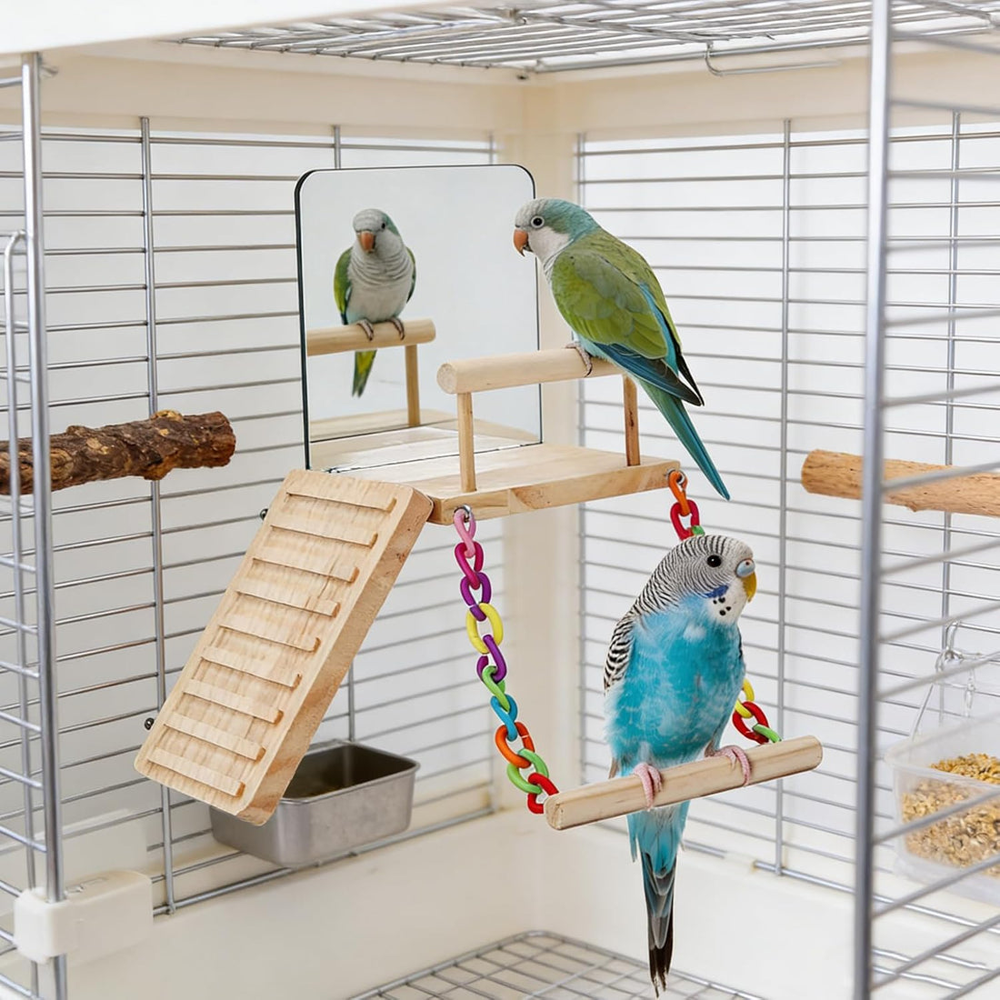 Bird Toys cage Accessories Parakeet Parrot Swing Wood Stand Perch