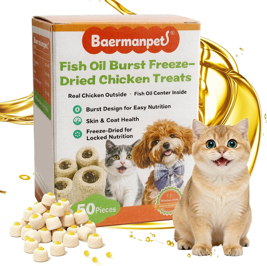 Freeze-Dried Chicken Cat Treats with Omega-3 Fish Oil Capsules