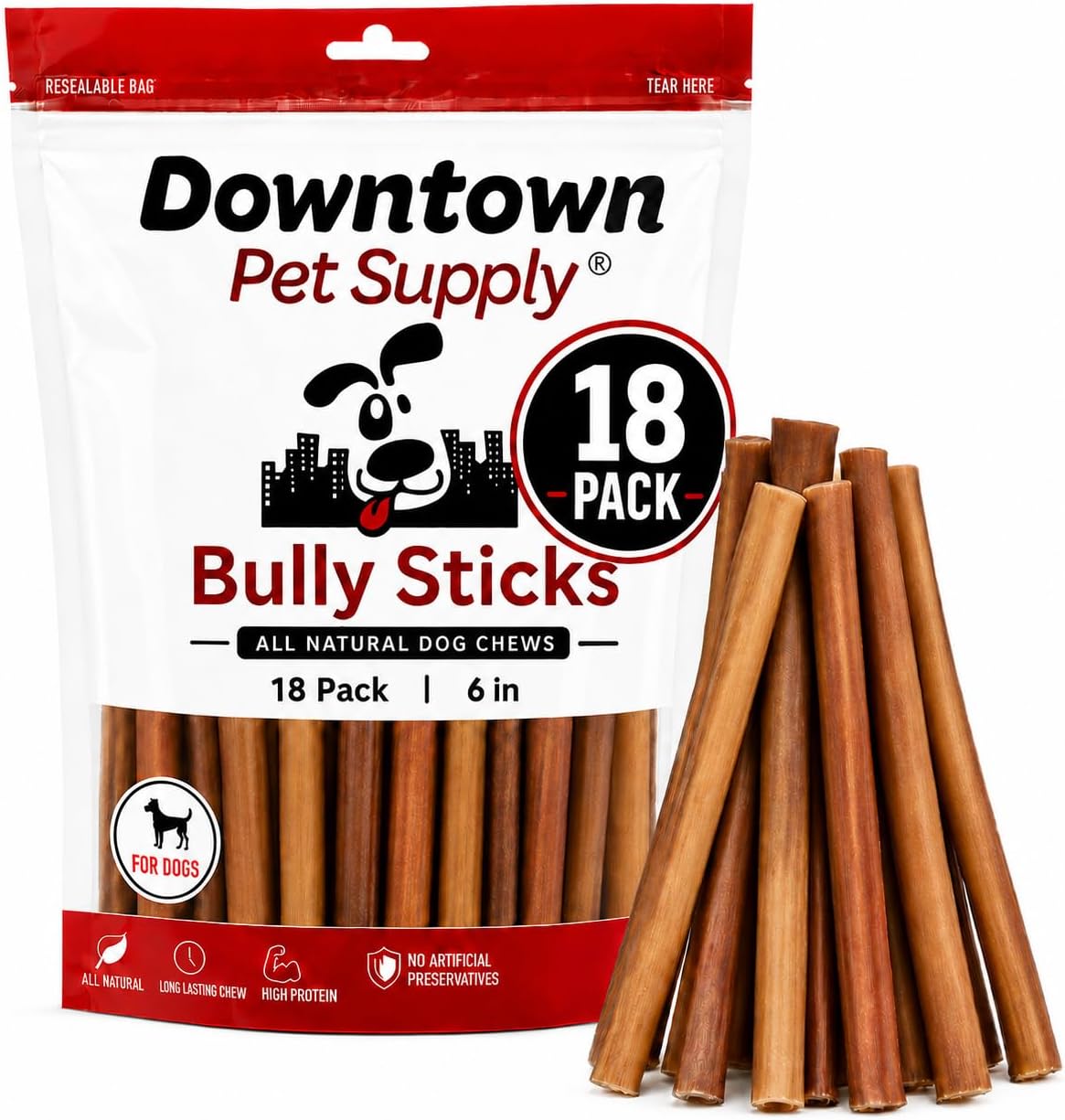 Downtown Pet Supply Bully Sticks for Dogs - Natural 6 Inch Beef Chews