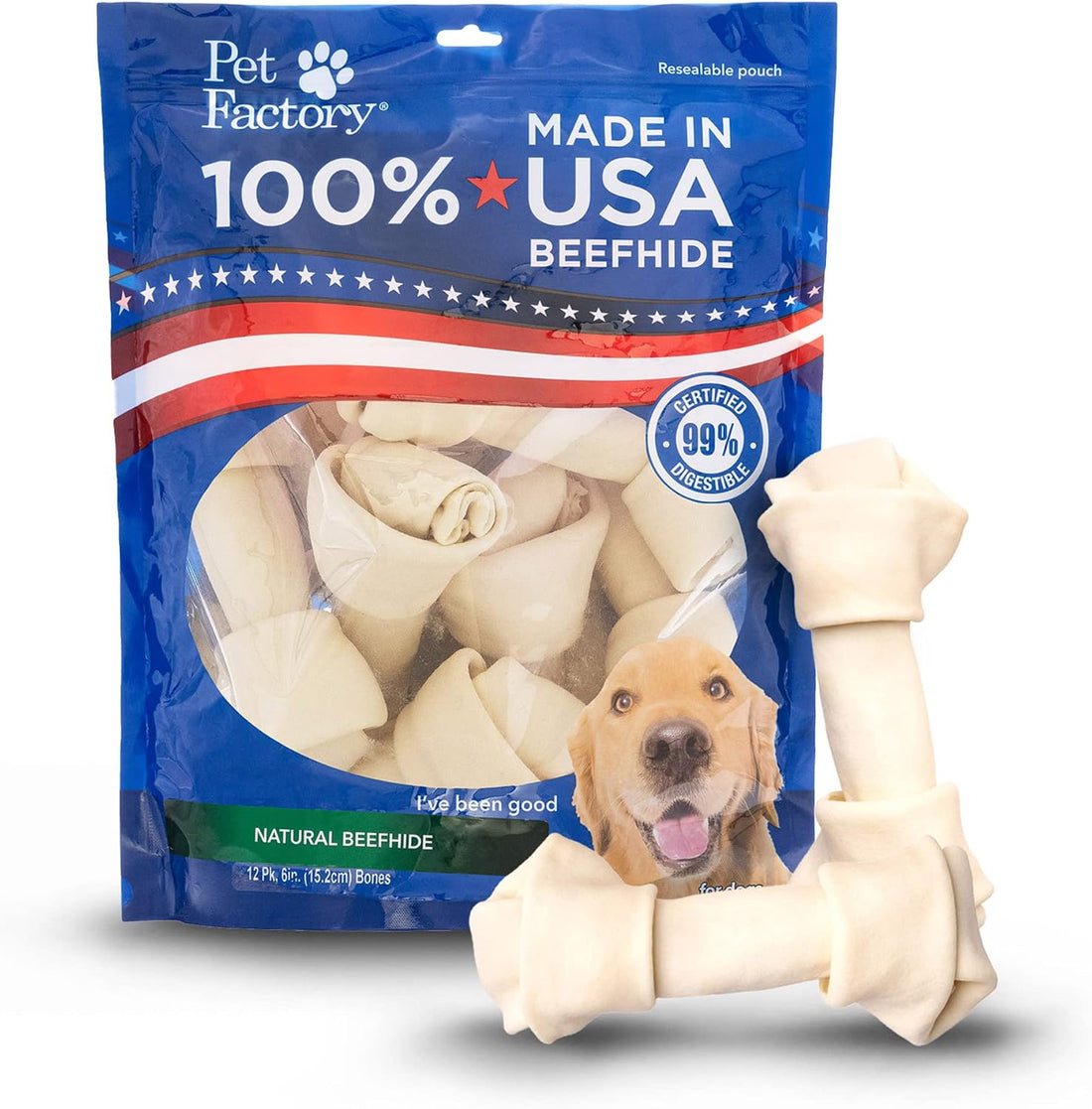 Pet Factory 100% Made in USA Beefhide 6" Knotted Bones Dog Chew Treats