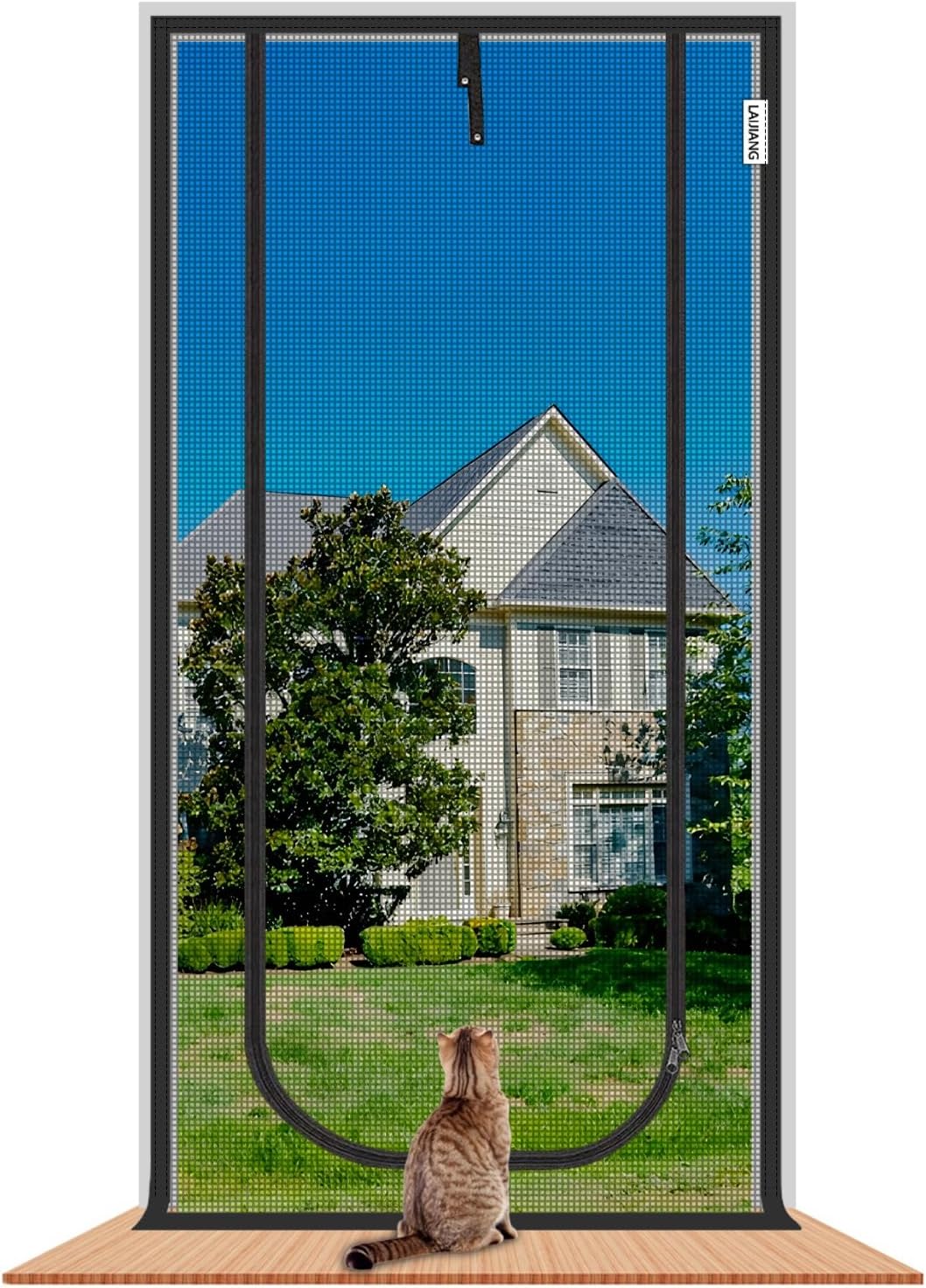 Reinforced Cat Screen Door with Zipper Fits Openings 57x85''