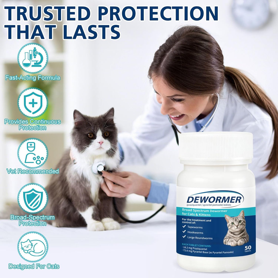 Cats and Kittens Broad-Spectrum Dewormer, 50 Tablets, for Tapeworms