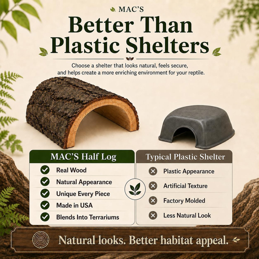 MAC'S Reptile Hideout Half Log, Extra Large
