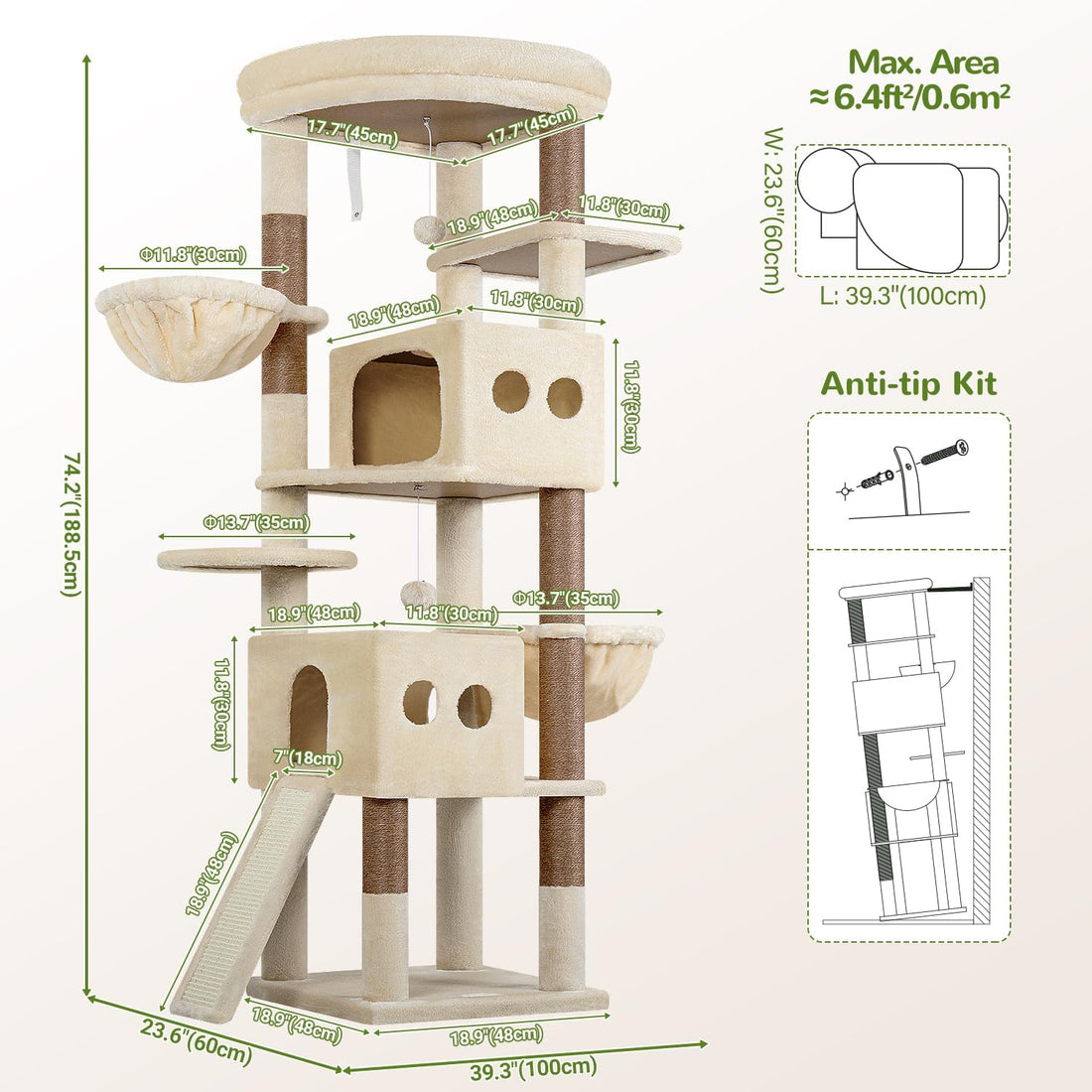Globlazer S74G 74in Tall Cat Tree for Indoor Cats Large Adult