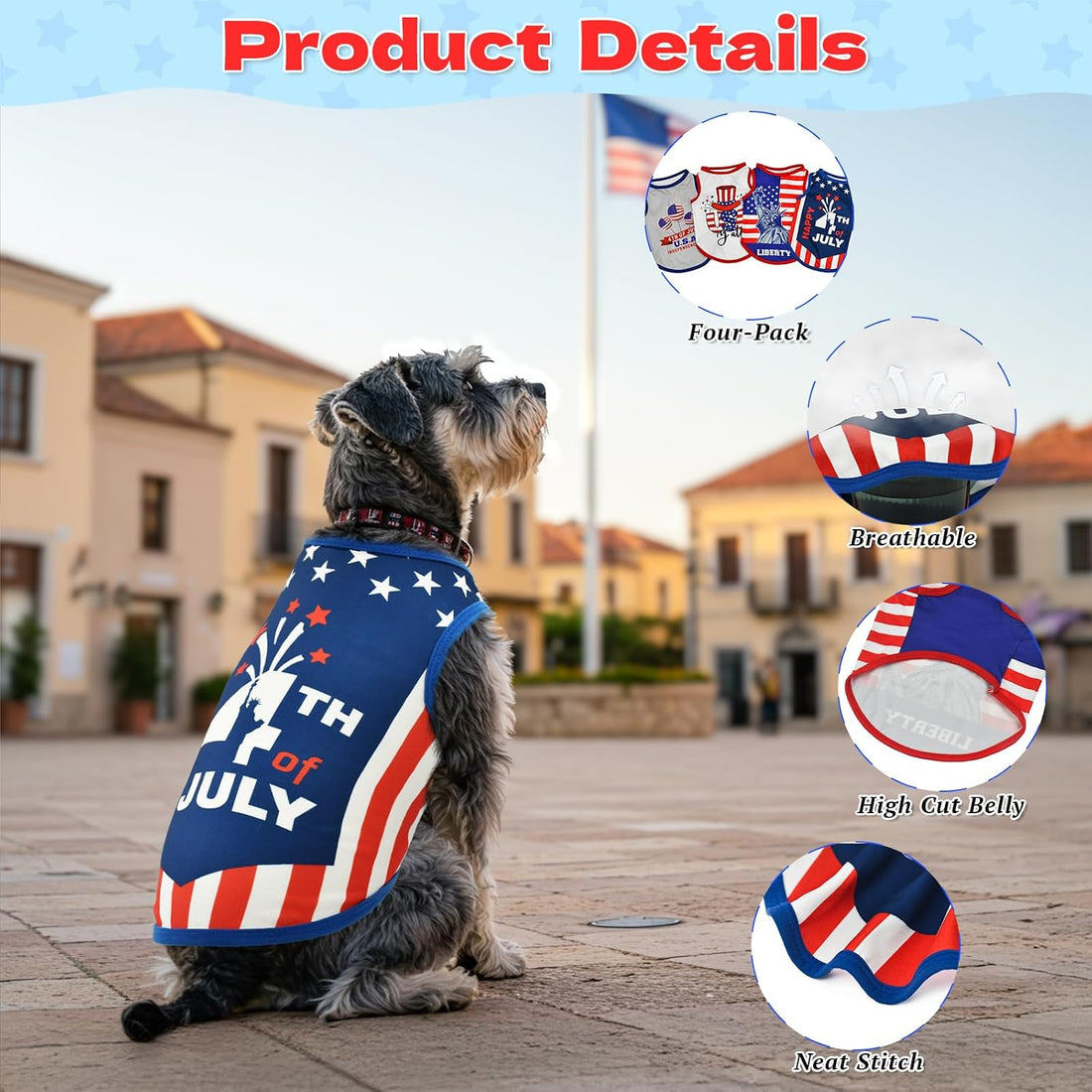 LyssKMK 4-Pack Patriotic Dog Tank Tops 4th of July Sleeveless Shirts
