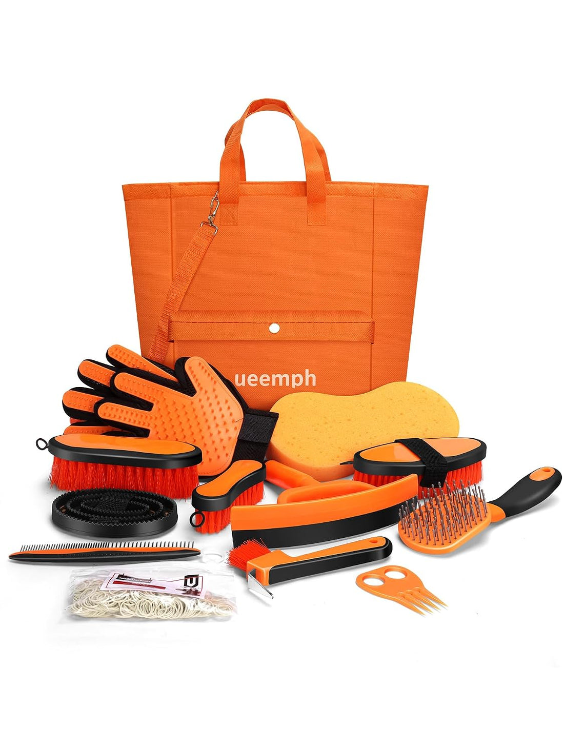 Horse Grooming Kit: Brushes, Storage Bag, Sweat Scraper, Mane Comb