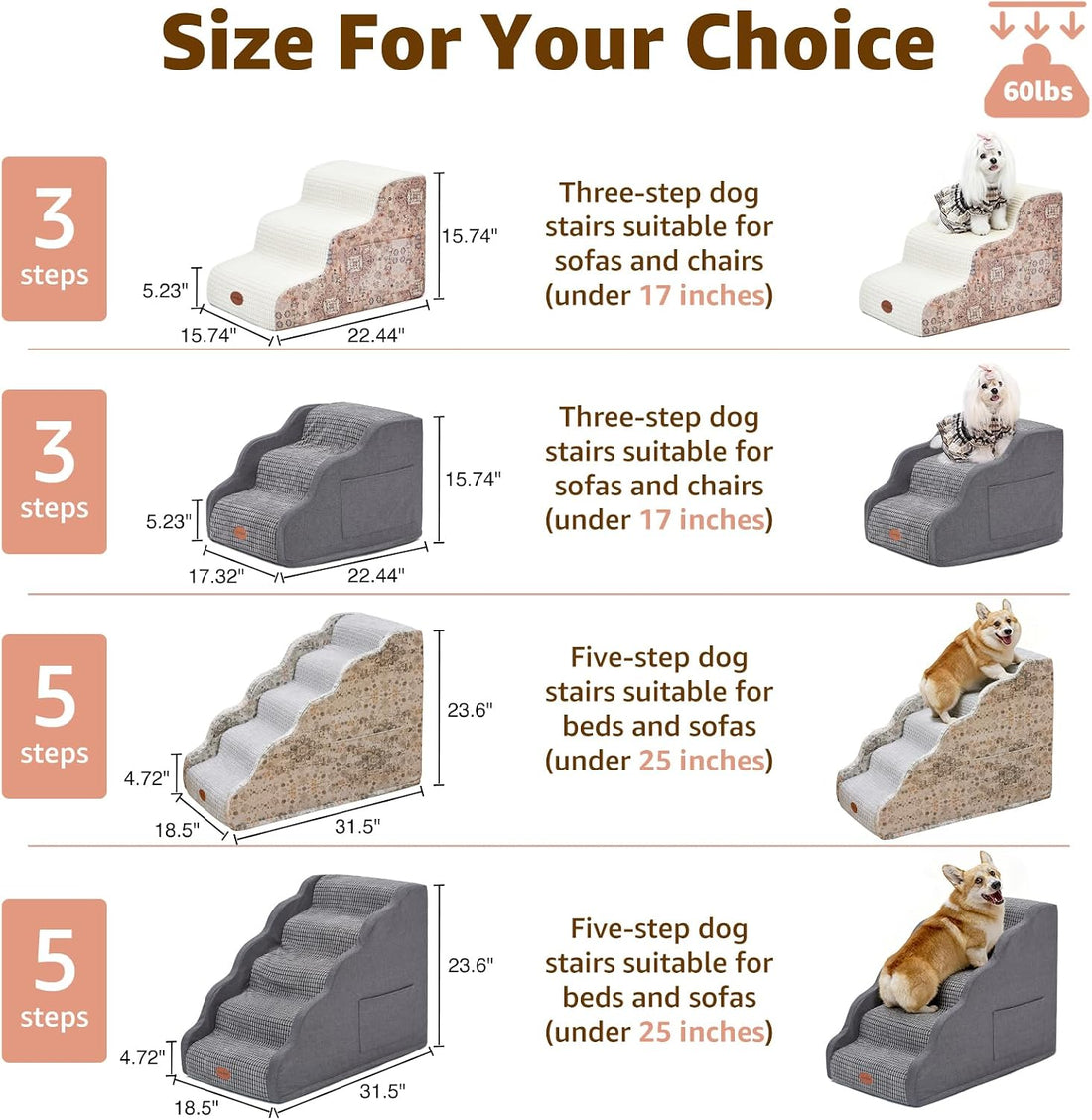 Woochpet 3-Step Dog Stairs, 23.6" Foam Pet Steps for High Beds