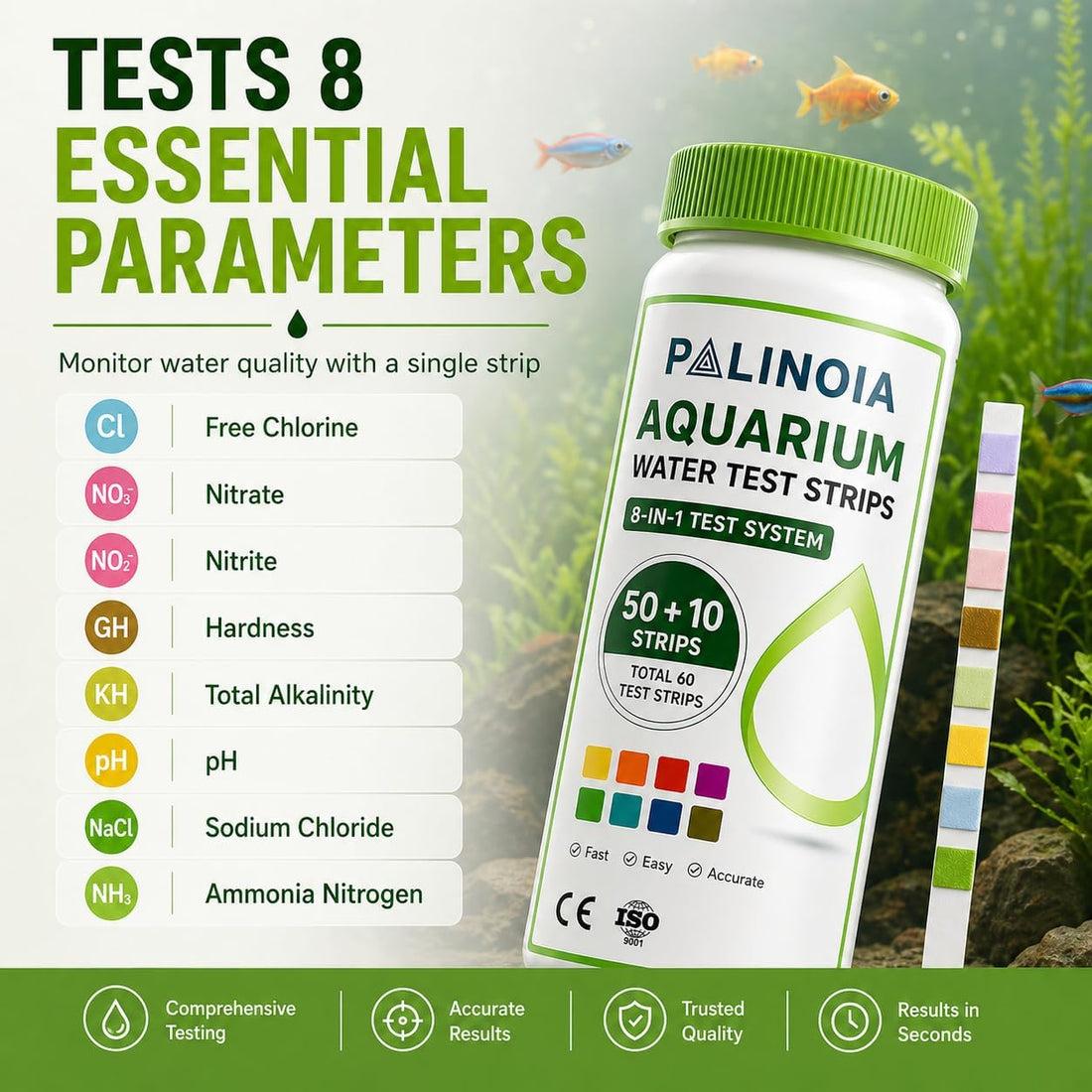 Palinoia 8-in-1 Aquarium Water Test Strips, 60 Count