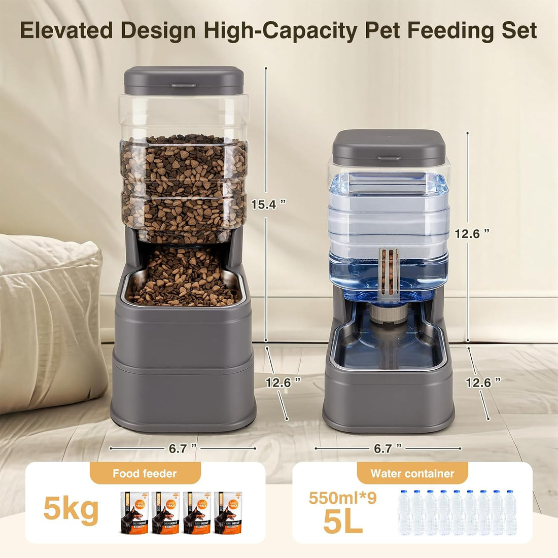2 Pack Automatic Cat Feeder and Water Dispenser 1.3Gallon Dog Gravity
