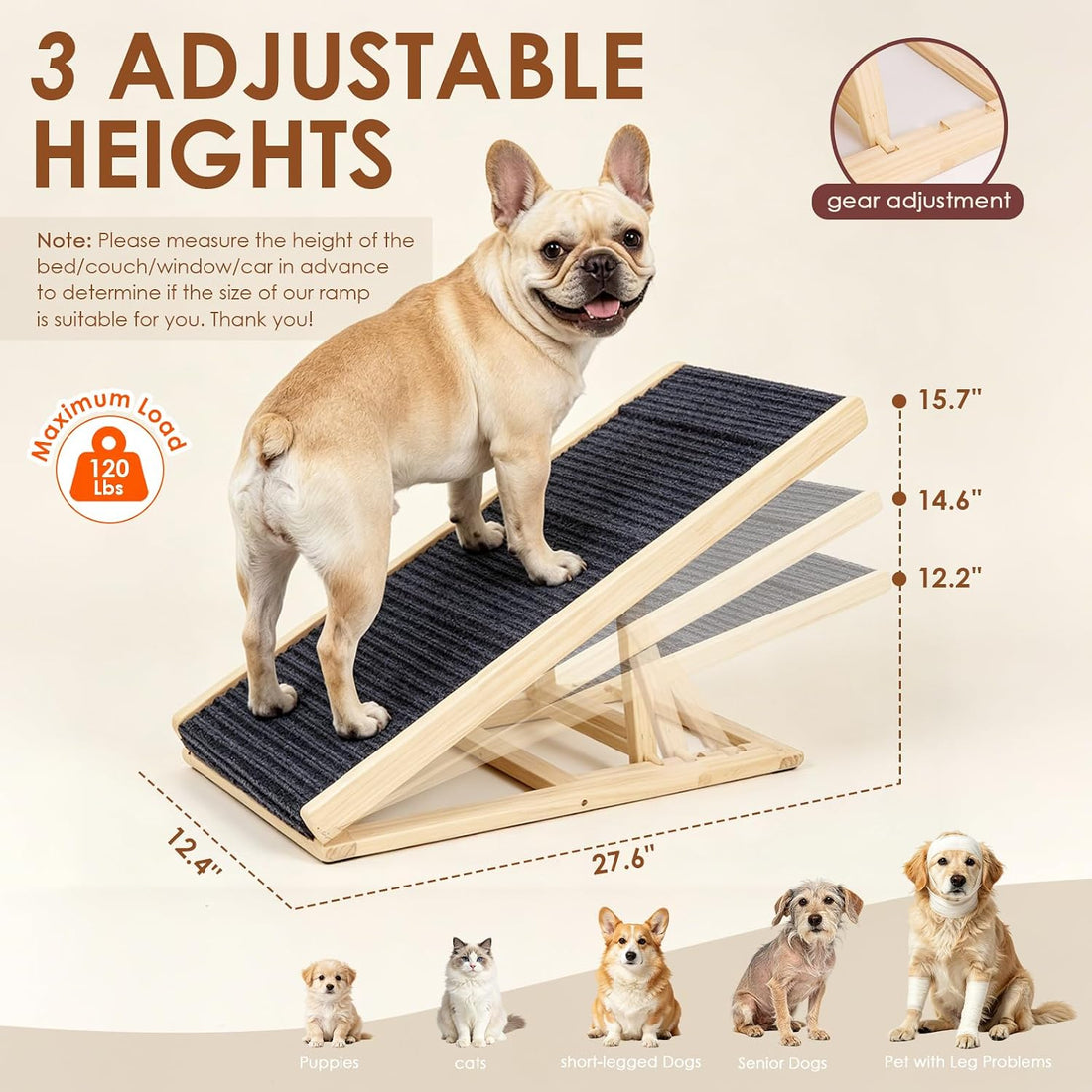 Dog Ramp for Bed Sofa 3 Adjustable Heights with Nail Scratch Board