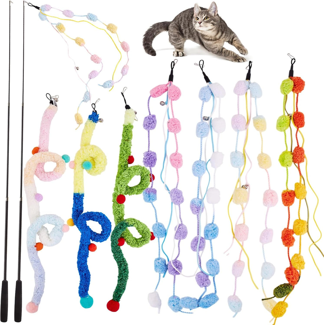 Cat Wand Toy, 8Pcs Retractable Plush Srtip Cat Teaser Wand Toys
