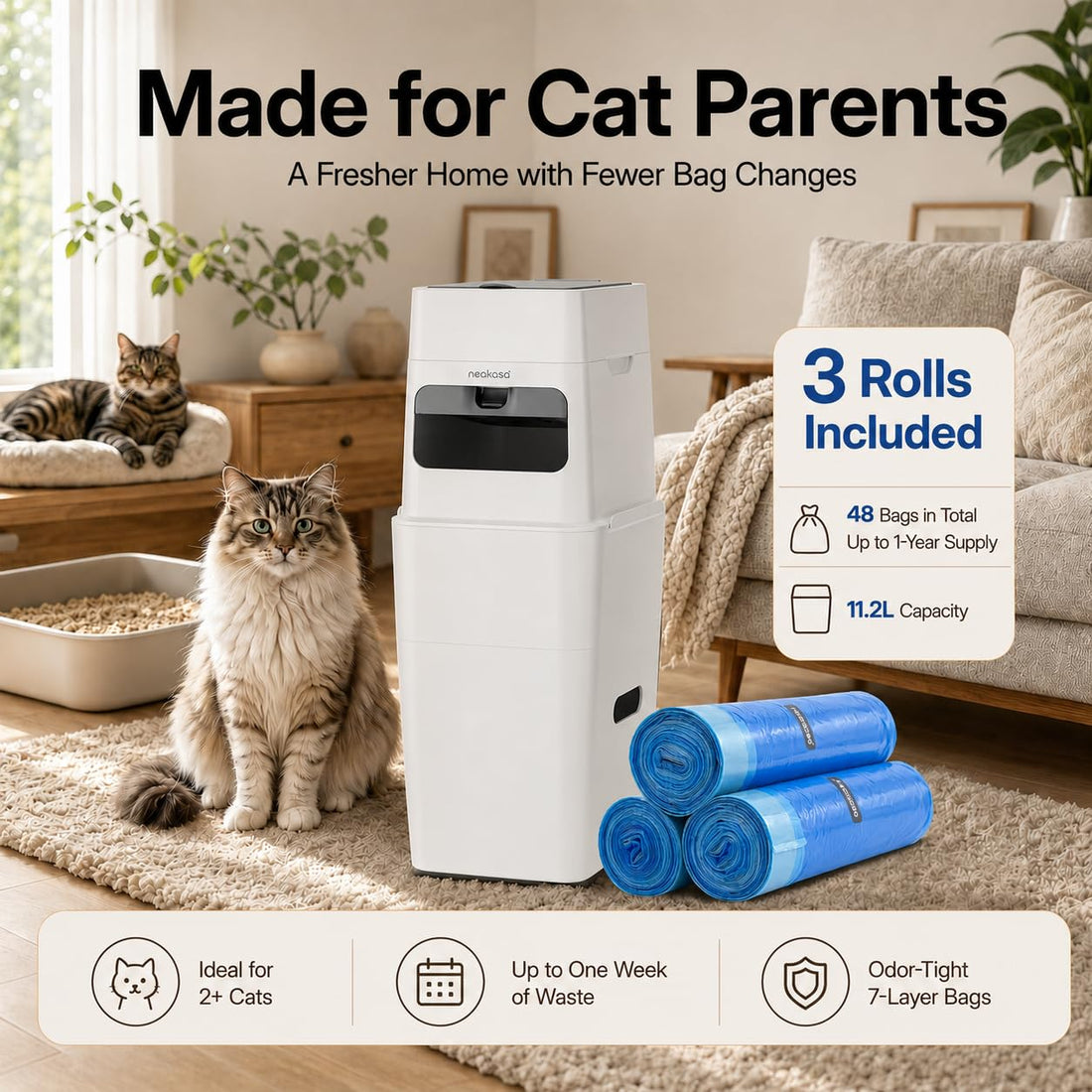 Neakasa 2XL Cat Litter Trash Can for Multi-Cat Homes