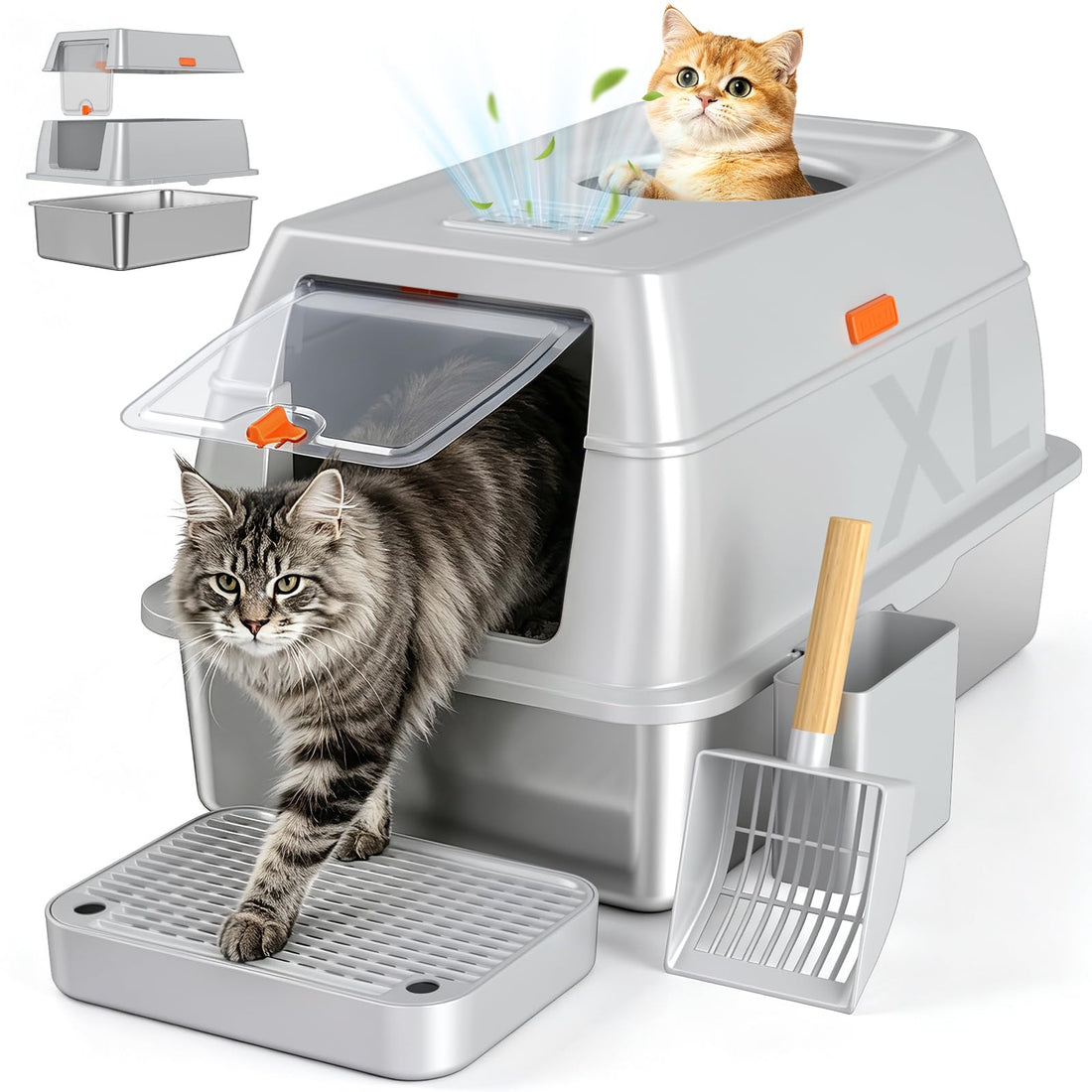 XL Enclosed Stainless Steel Litter Box with Lid, Light Gray