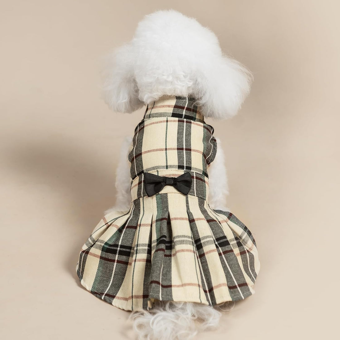 PUPTECK Classic Beige Plaid Dog Dress with Bow Puppy Skirt Clothes M