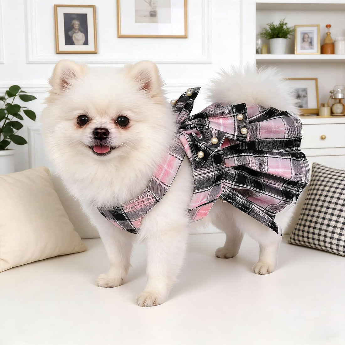 Dog Plaid Dress Harness and Leash Set with Pearls Bow Adjustable