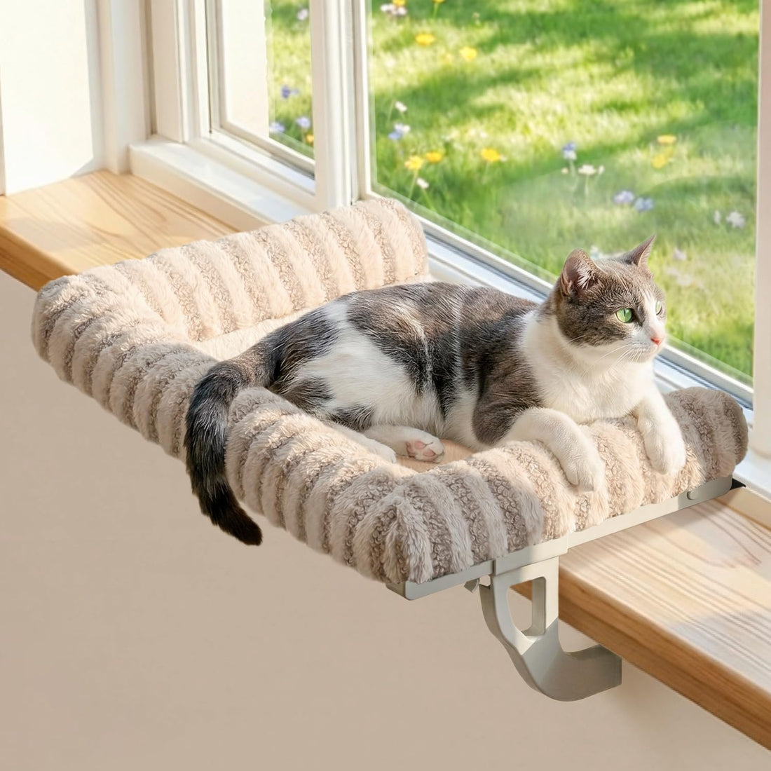 Zakkart Mellow 3-Sided Cat Perch for Windowsill, Dual-Mount (Beige, L)