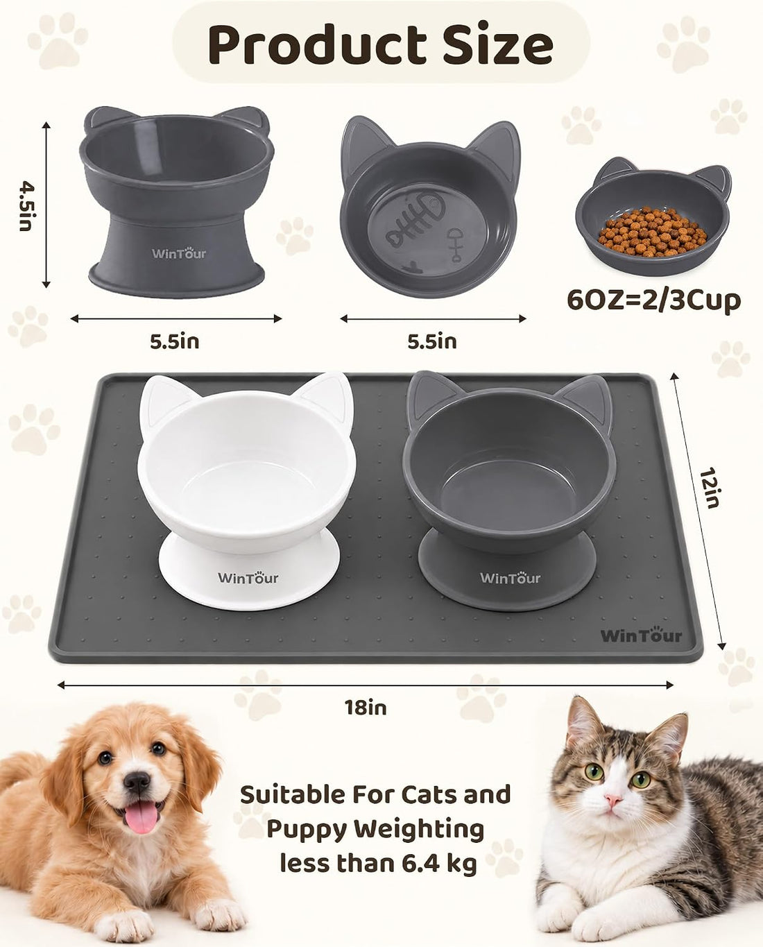 WinTour 2 Pack Elevated Cat Bowls with Food Mat