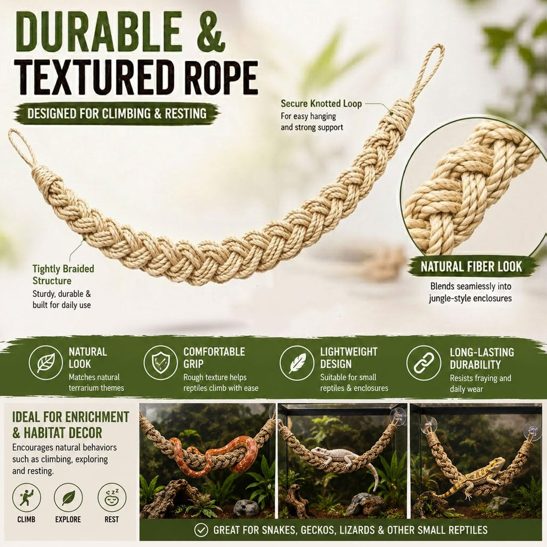 Ball Python Tank Accessories Snake Climbing Rope with Suction Cups