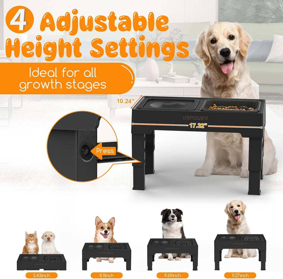 URPOWER 2-in-1 Elevated Slow Feeder Dog Bowls with No-Spill Water Bowl