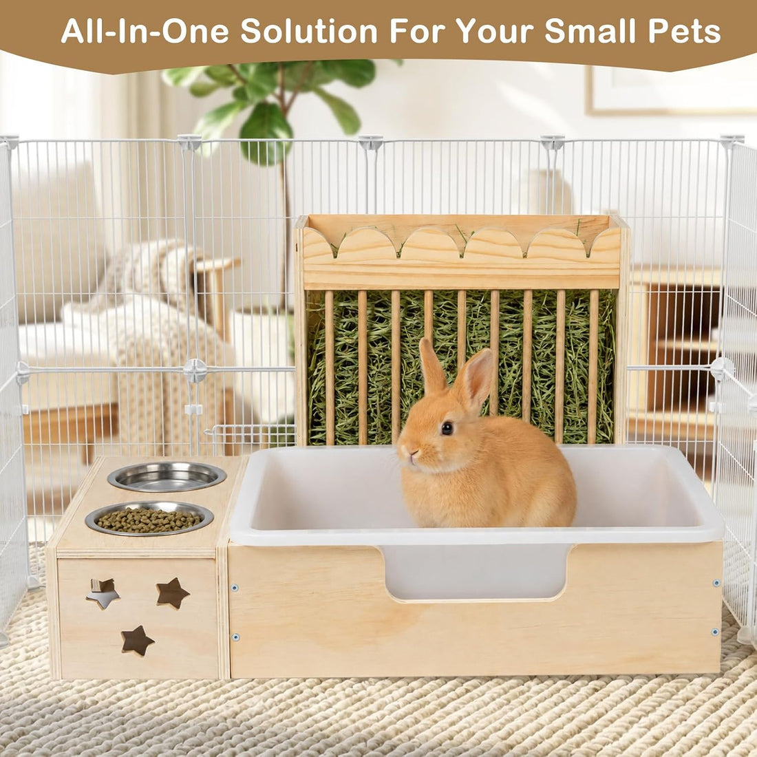 3-in-1 Wooden Rabbit Hay Feeder with Litter Box for Rabbits & Small