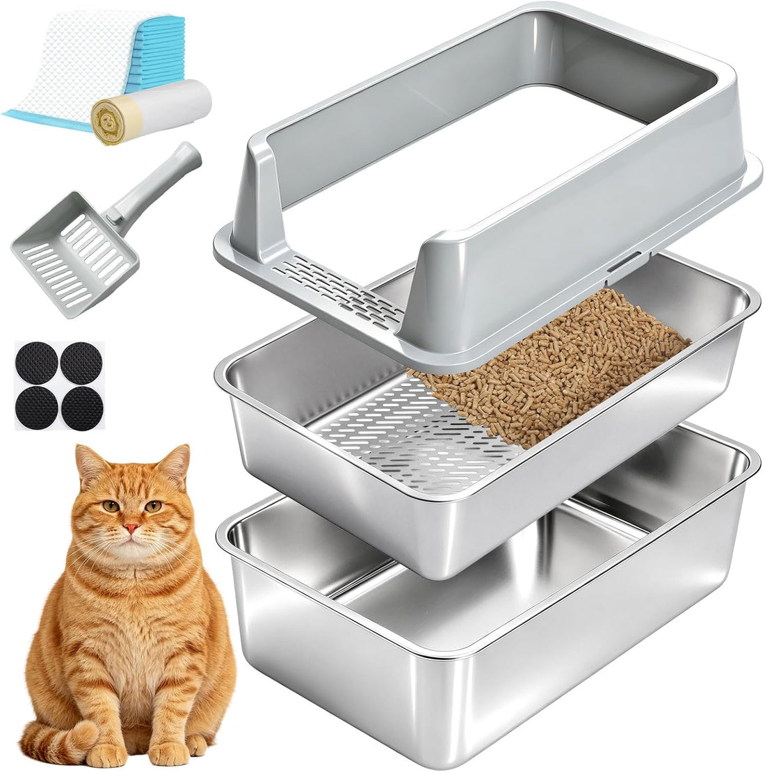 XL Stainless Steel Litter Box with Lid, Extra Large Cat Litter Box