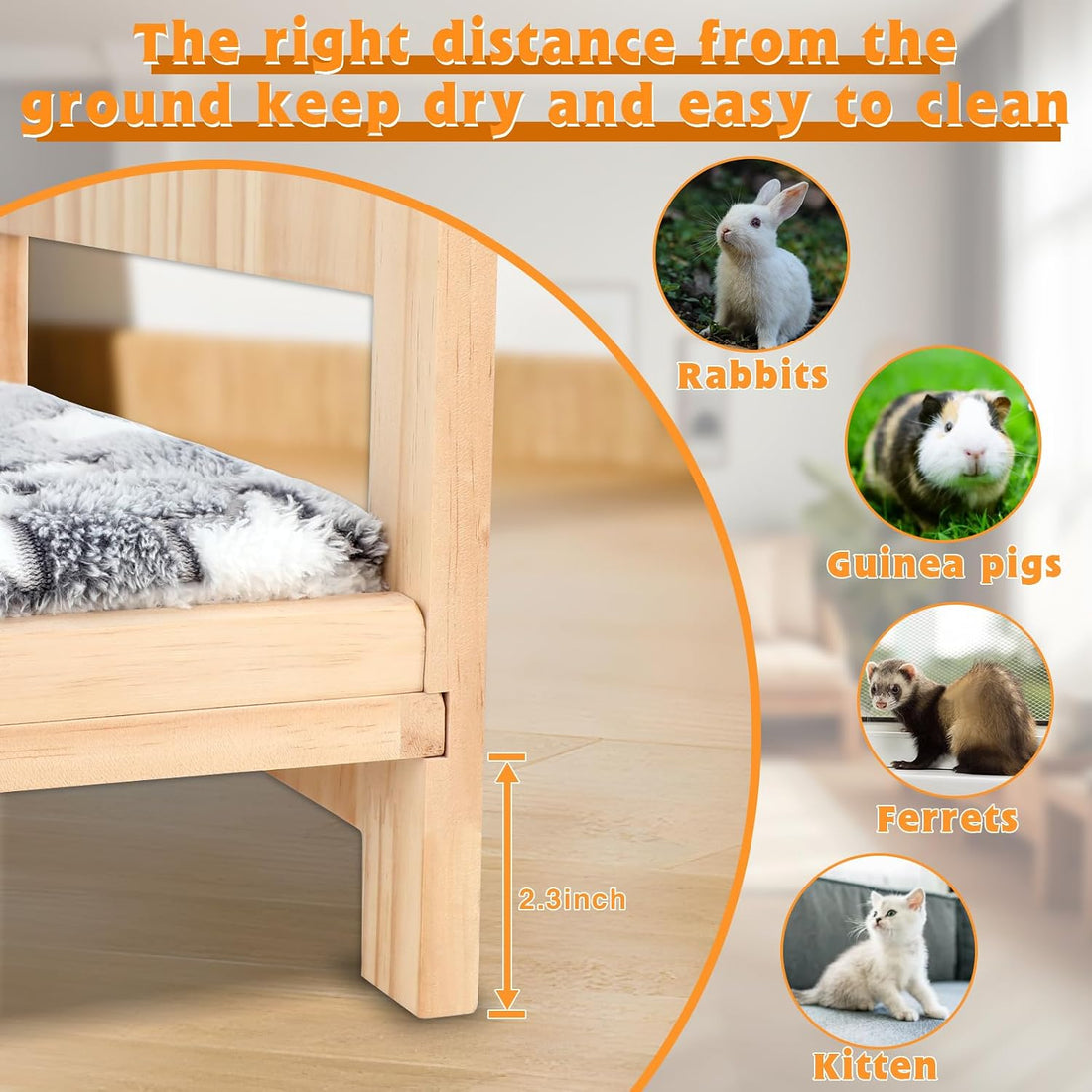 BWOGUE Large Wooden Rabbit Bed, Bunny Bed with Removable Cushion