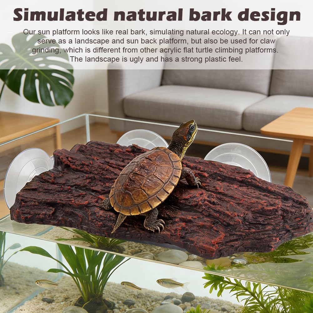 Turtle Basking Platform, Resin Bark‑Textured Turtle Dock with 3