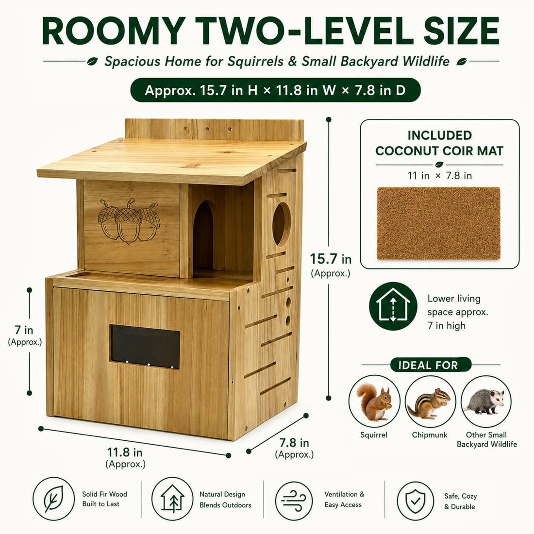 Squirrel House for Outside, Squirrel Box with Window, Fir Wood