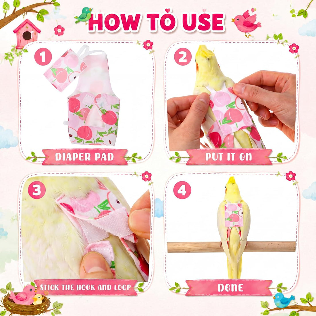 10 Pcs Reusable Bird Diaper Parrot Diapers with Adjustable Straps