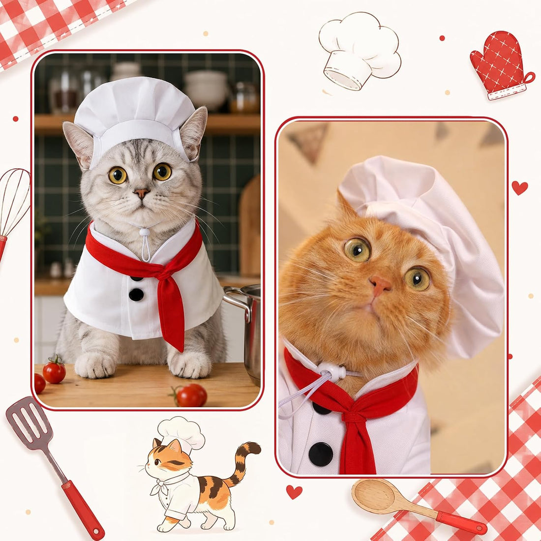 Cat Chef Costume for Medium Cat Pet Chef Hat Bow Tie Set Halloween