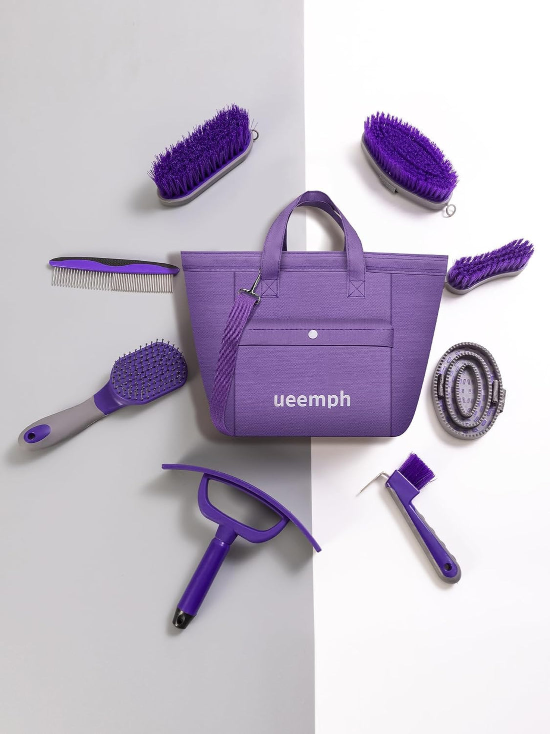 Horse Grooming Kit: Brushes, Storage Bag, Sweat Scraper, Mane Comb