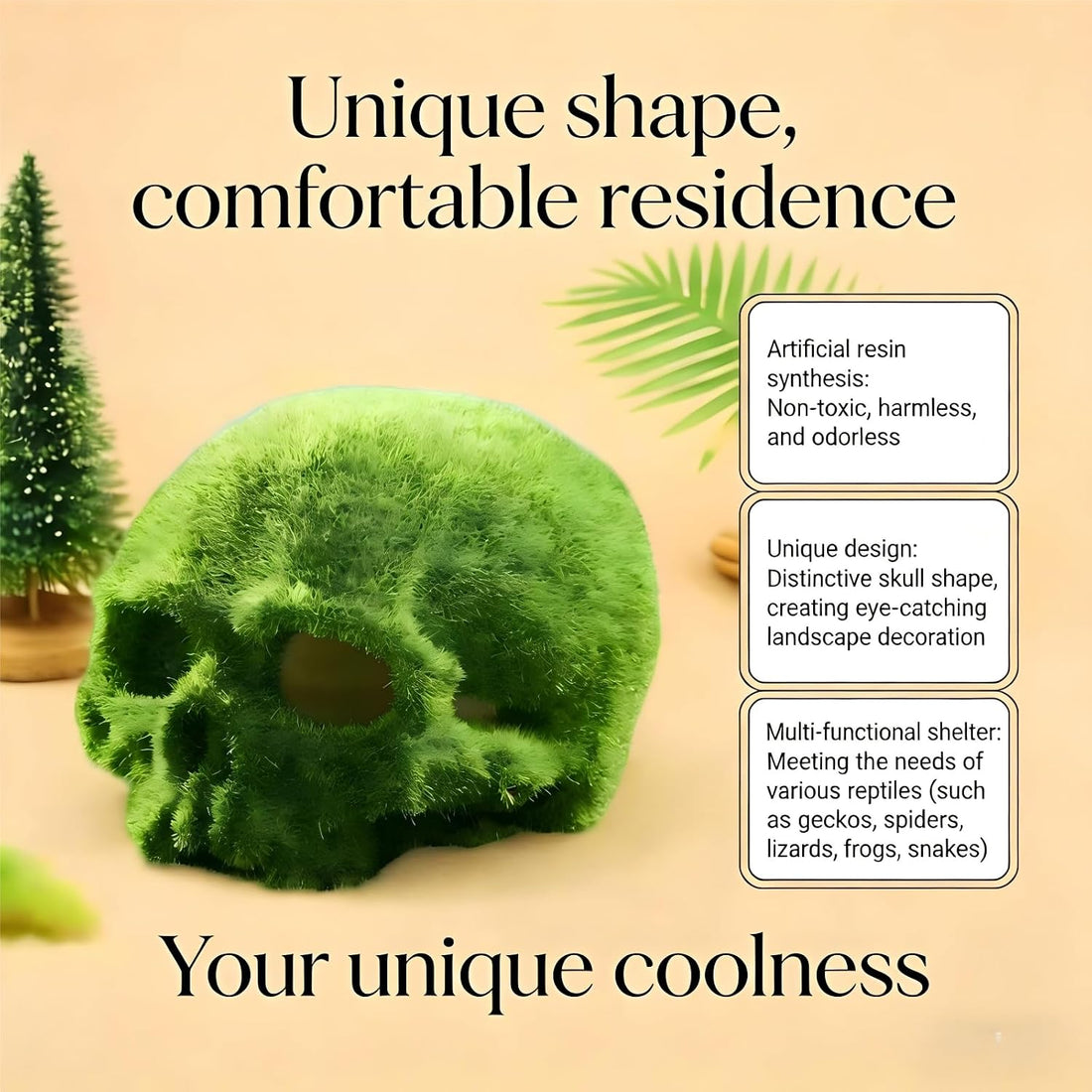 Mossy Skull Terrarium Ornament 4.5" Realistic Reptile Habitat Decor