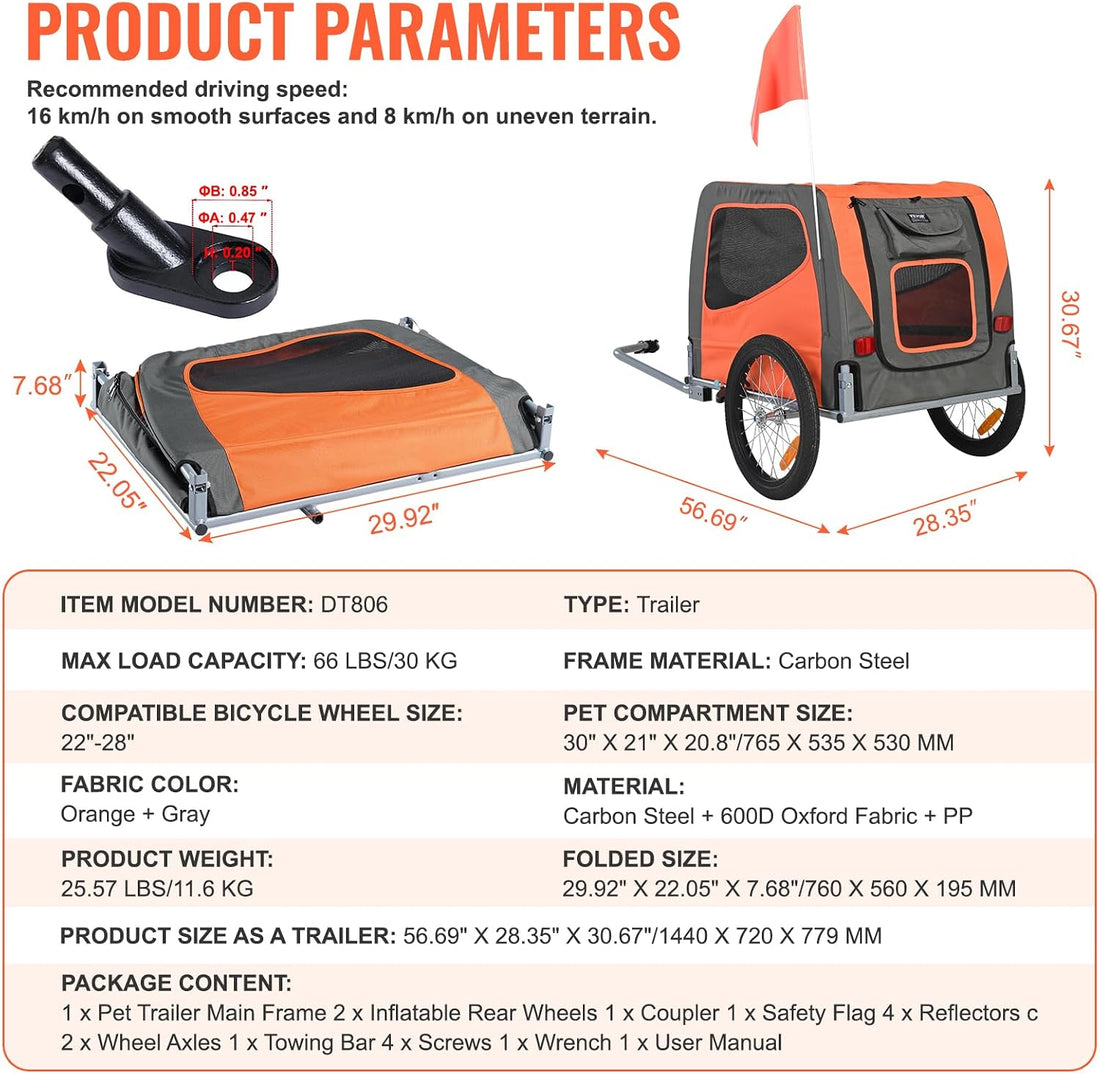 VEVOR Dog Bike Trailer, Supports up to 66 lbs