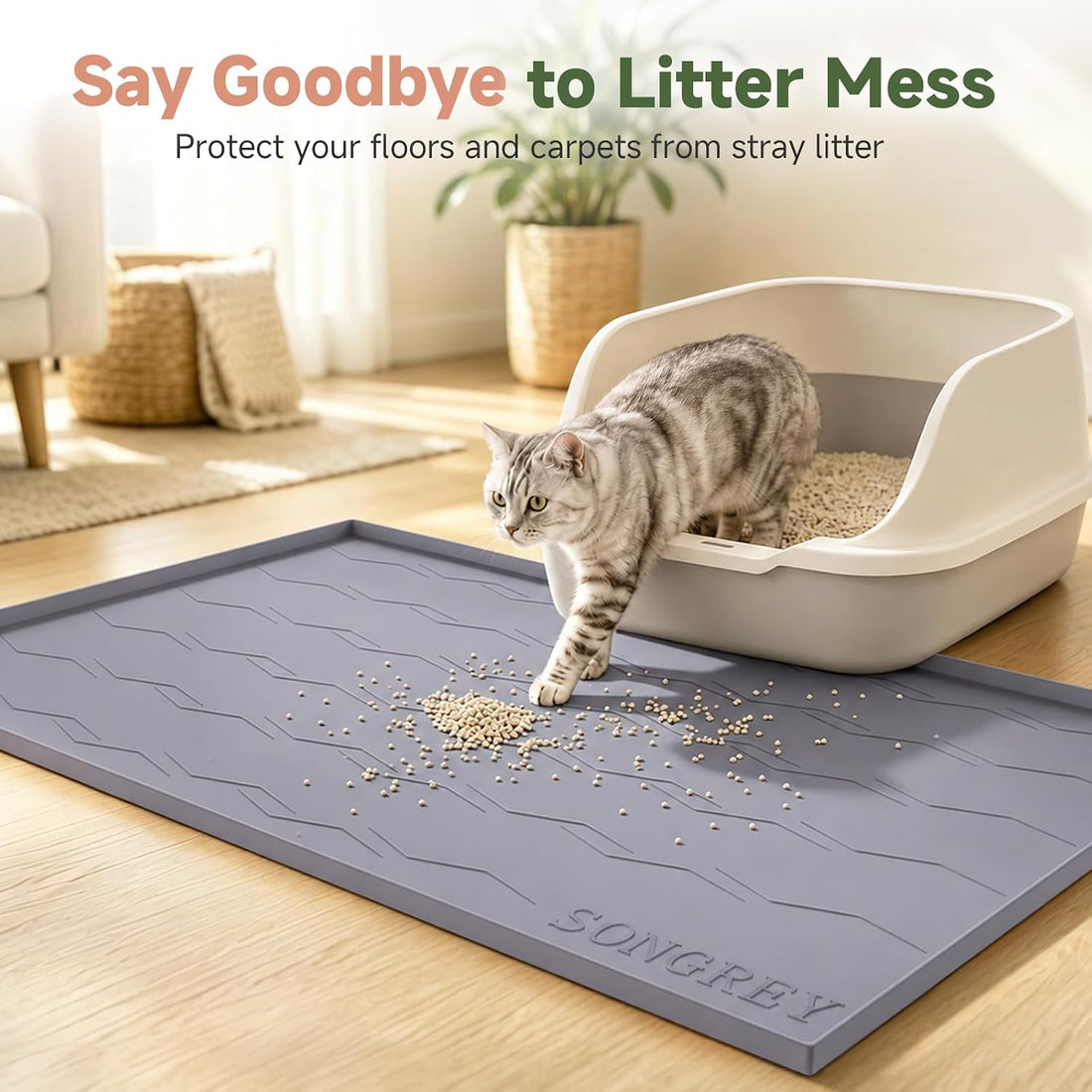 Songrey Silicone Cat Litter Mat 34" x 22", Large Litter Trapping Mat